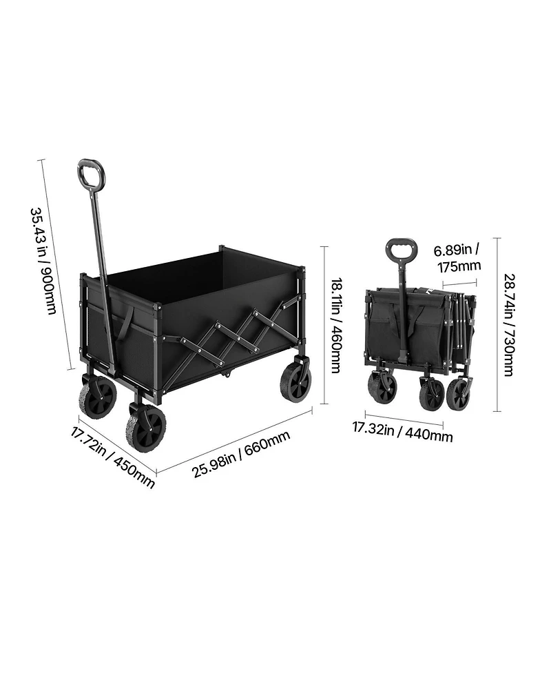Mountaintop Collapsible Wagon Carts, All-Terrain Wheels, Adjustable Handle, Black Portable Cart for Beach, Grocery, Garden