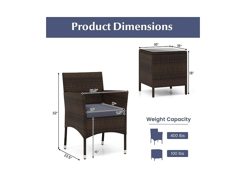 Boyel Living 3 Pieces Outdoor Conversation Set with Cushioned Seat and Glass Tabletop