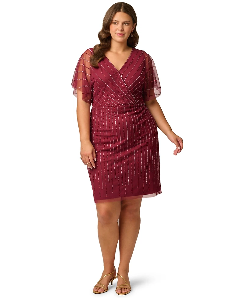 Adrianna Papell Plus Sequin Beaded Flutter-Sleeve Dress