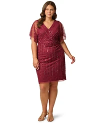 Adrianna Papell Plus Sequin Beaded Flutter-Sleeve Dress