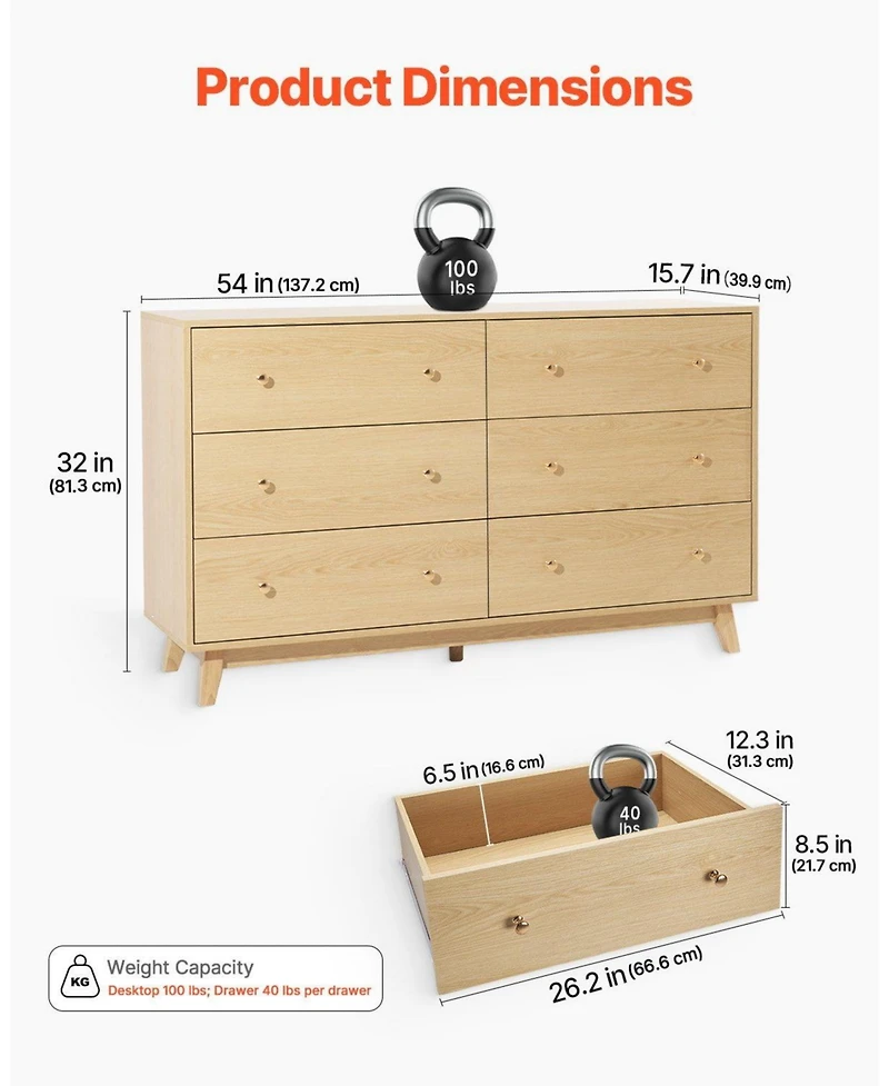 Slickblue Wooden 6 Drawer Dresser for Living Room and Entryway Storage