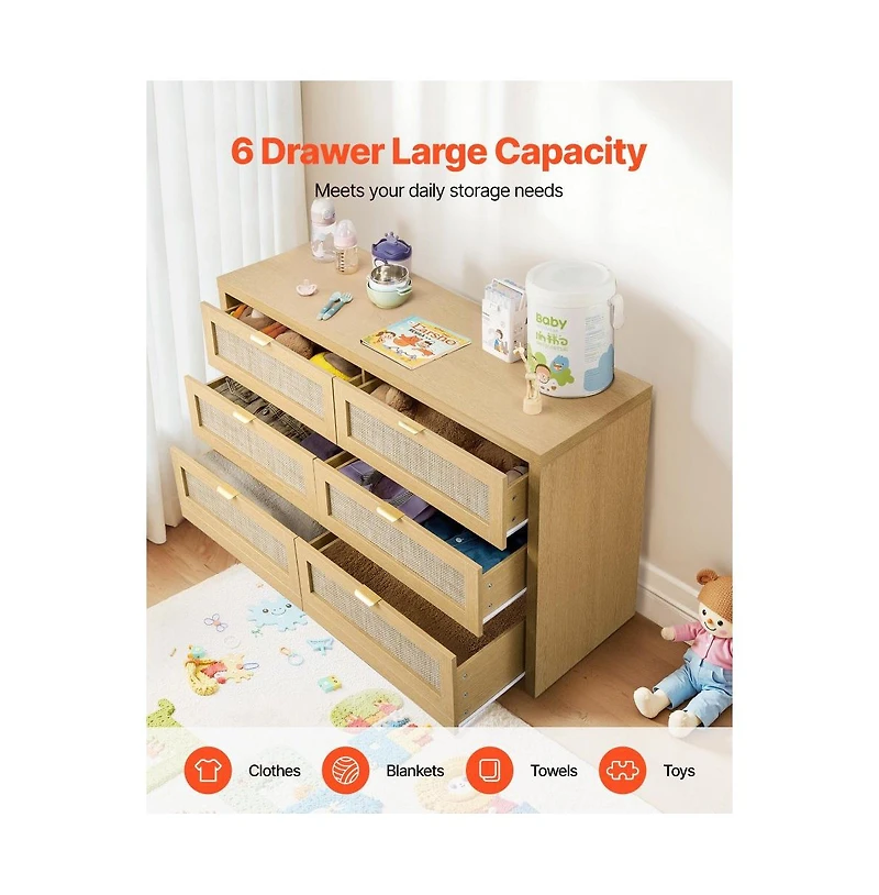 Slickblue 6 Drawer Rattan Dresser with Storage for Bedroom and Hallway
