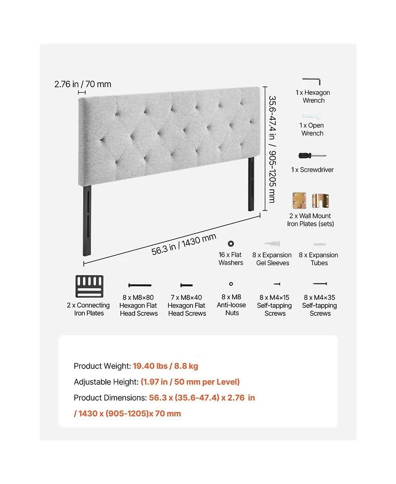 Slickblue Upholstered Full Size Bed Headboard with Adjustable Height for Bedroom, Hotel, and Dormitory