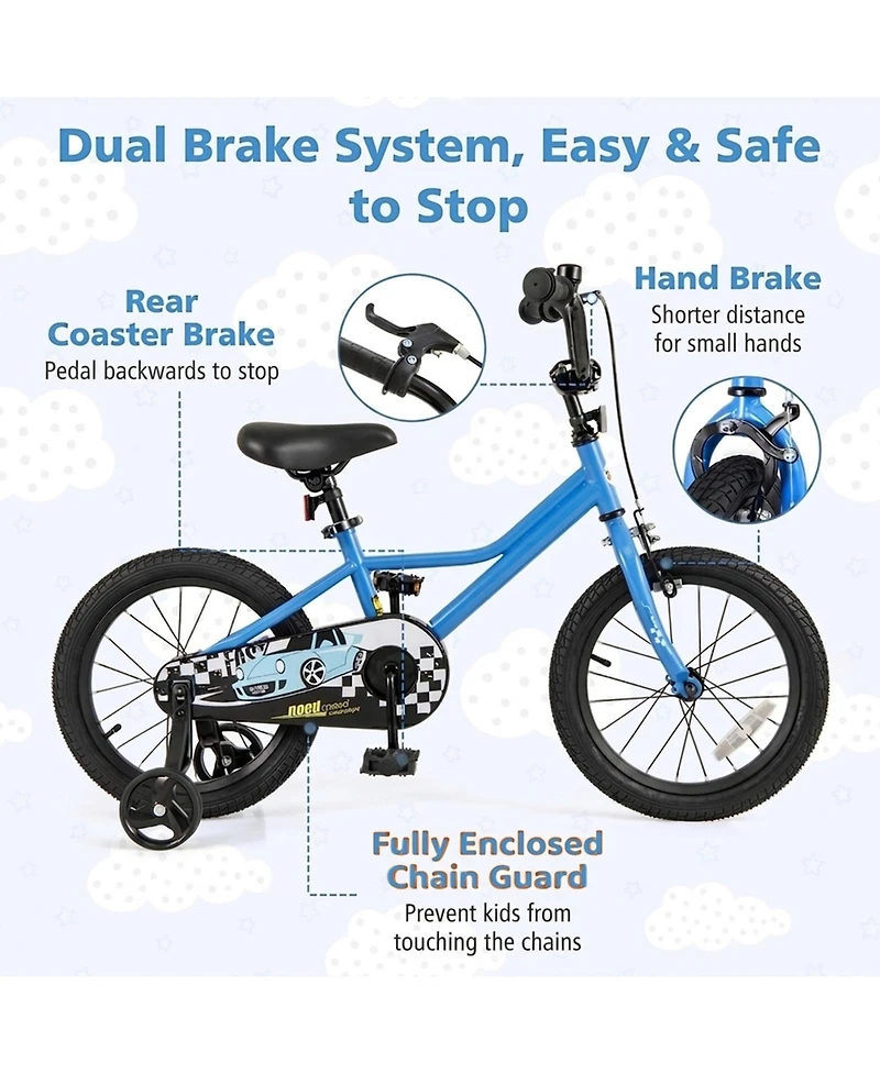 Hongge 16-Inch Kids Bike with Carbon Steel Frame, Coaster and Hand Brakes, Complete Protective Set, 100 lb Capacity, Ages 4-7