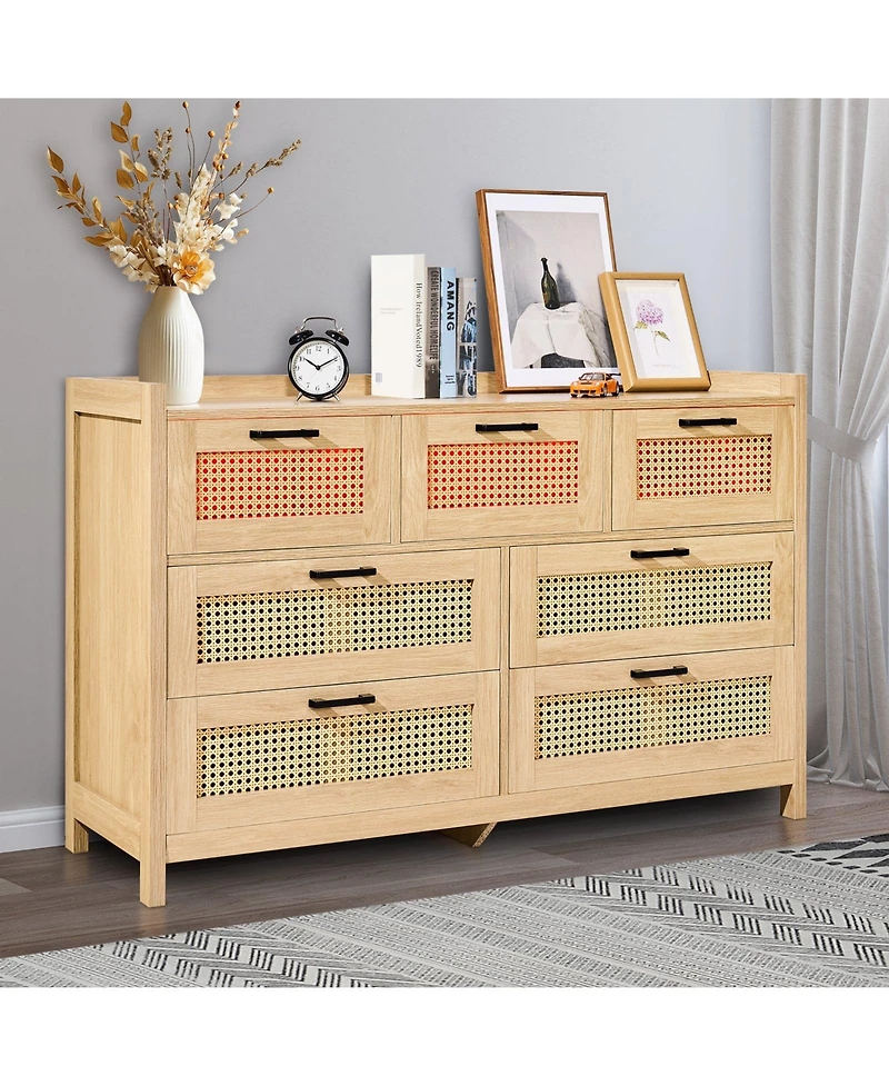 Slickblue 7 Drawer Rattan Dresser with Led Light and Storage