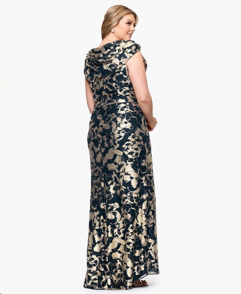 Betsy & Adam Plus Metallic Print Cowlneck Gown