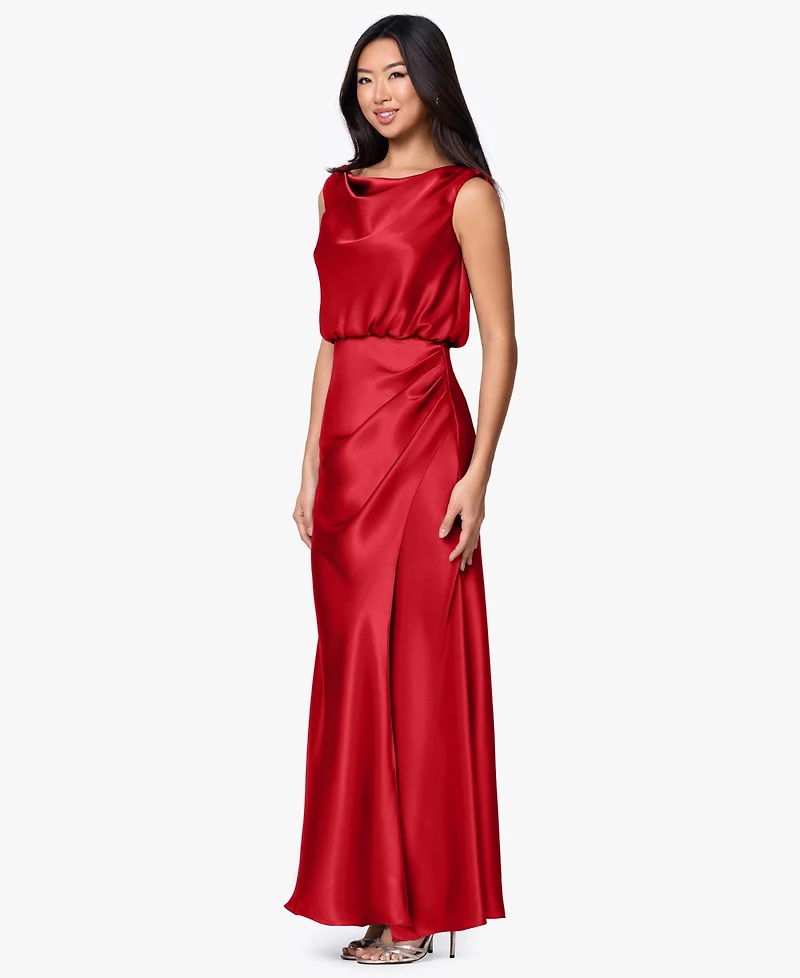 Betsy & Adam Plus Ruched Cowl Neck Sleeveless Gown