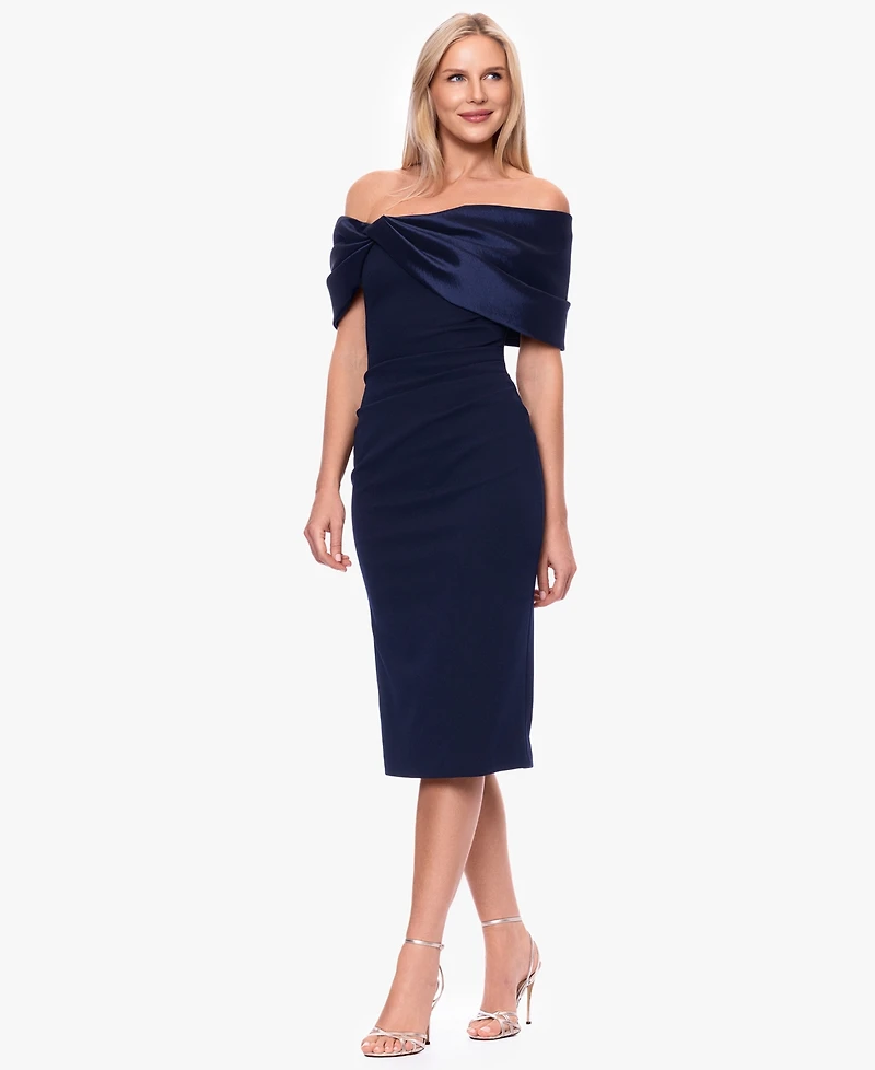 Betsy & Adam Plus Size Off-the-Shoulder Midi Sheath Satin Dress