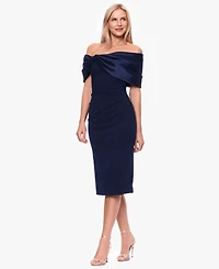 Betsy & Adam Plus Size Off-the-Shoulder Midi Sheath Satin Dress