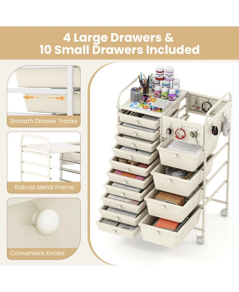 Sugift 14-Drawer Rolling Storage Cart with Metal Tabletop and Pegboard