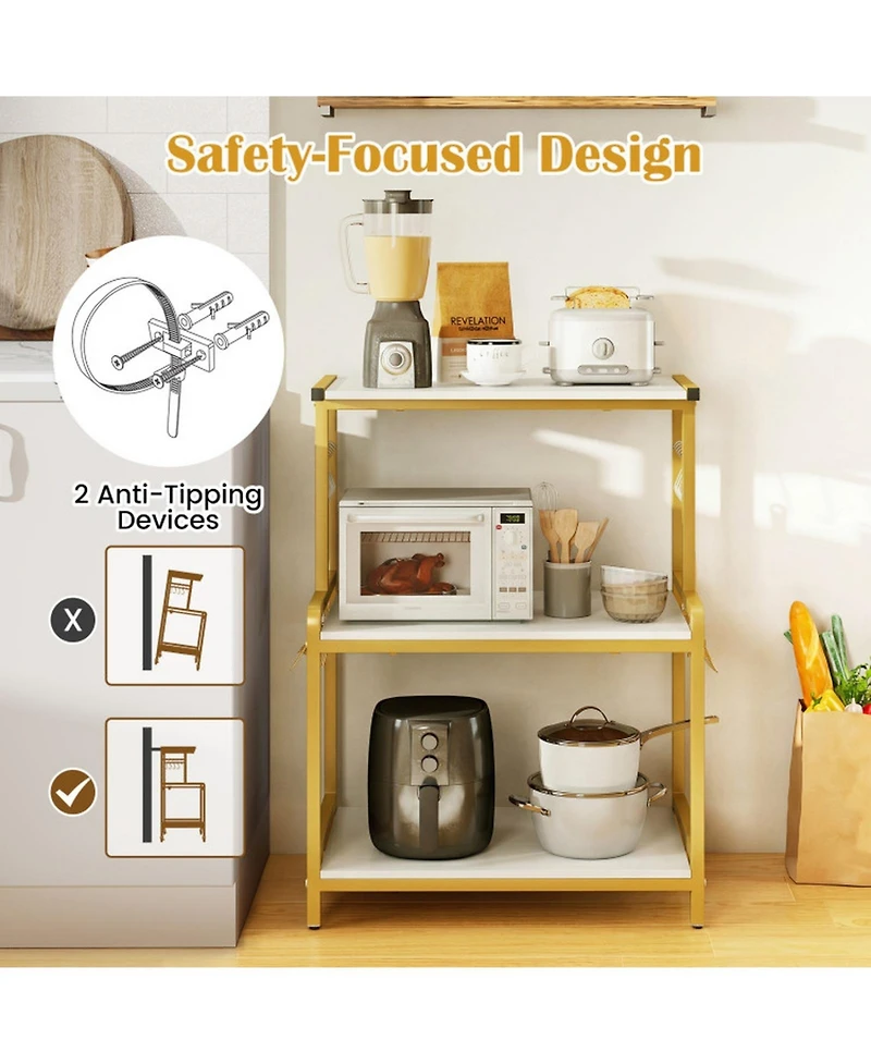 Hongge 3-Tier Rolling Microwave Cart with Charging Station and 10 Storage Hooks