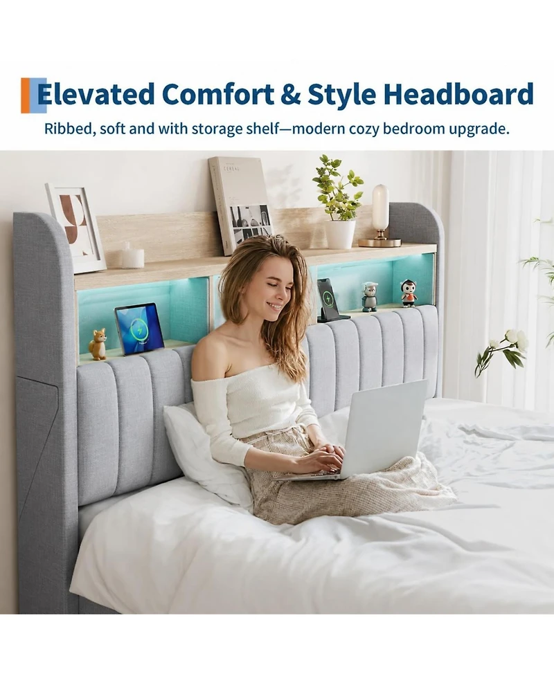 homfan Upholstered Bed with 2 Drawers and Led Lights | Platform Charging Station Storage Headboard, Heavy Duty, No Box Spring Needed