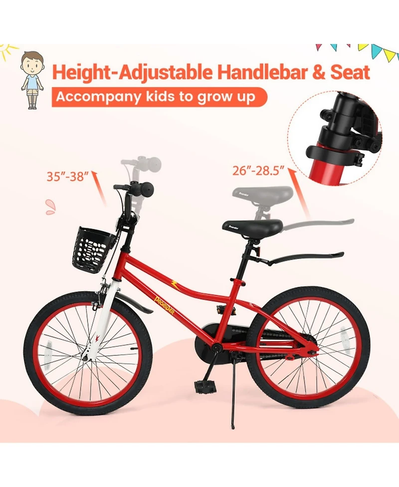 Hongge 20-Inch Height-Adjustable Kids Bike with Dual Brakes, Storage Basket, 143 lbs. Capacity, Ages 8+