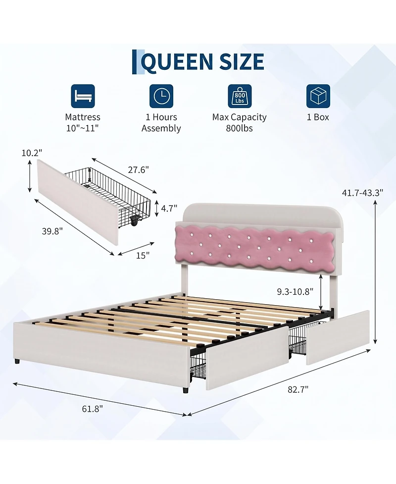 homfan Sandwich Cookie Style Princess Bed Frame, Upholstered with Storage Headboard and 2 Drawers, No Box Spring Needed
