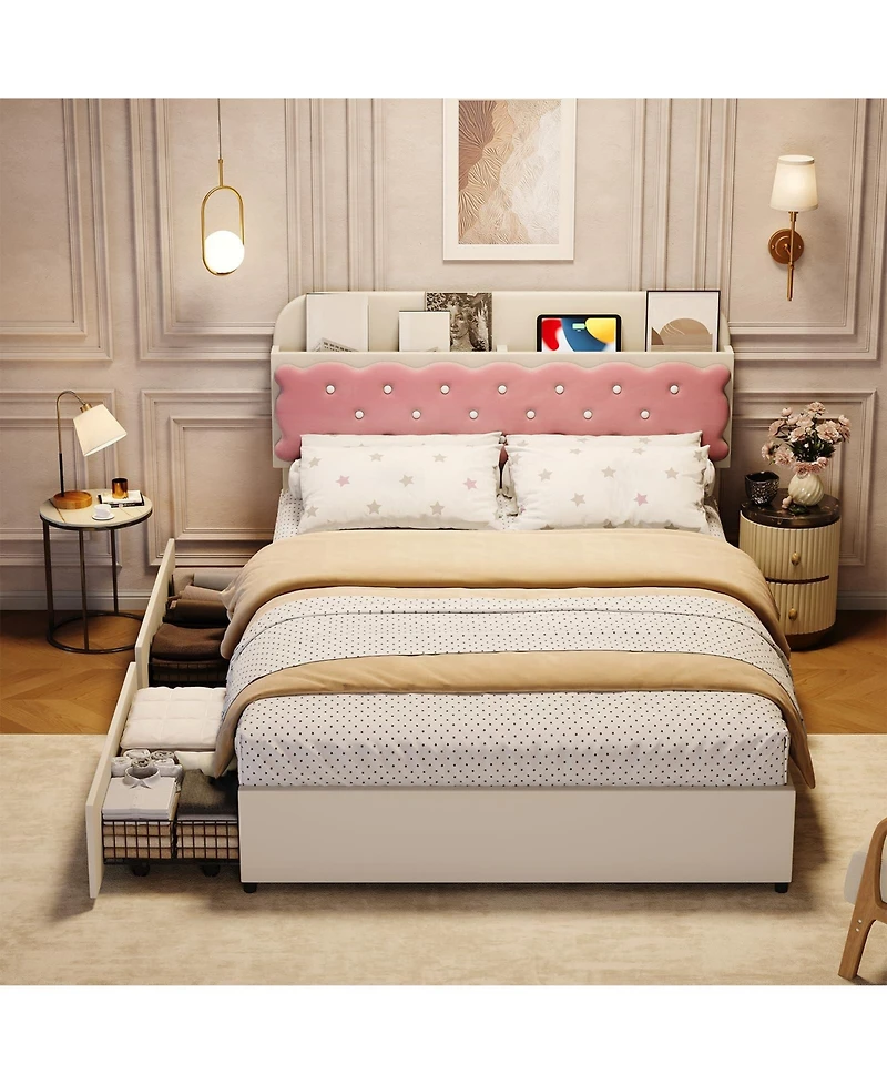 homfan Sandwich Cookie Style Princess Bed Frame, Upholstered with Storage Headboard and 2 Drawers, No Box Spring Needed