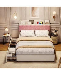 homfan Sandwich Cookie Style Princess Bed Frame, Upholstered with Storage Headboard and 2 Drawers, No Box Spring Needed