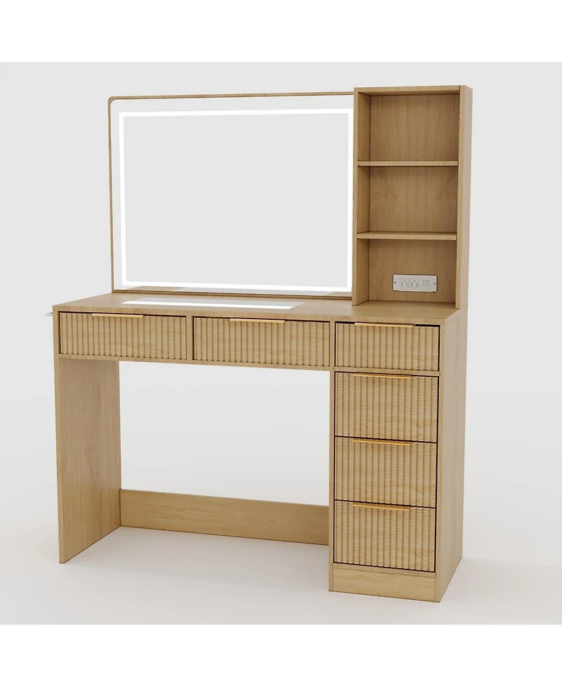 gaomon 52" Fluted Makeup Vanity Desk with Mirror and Adjustable Lighting, Dressing Table with 6 Drawers, Glass Top, Open Shelves and Hairdryer Stand