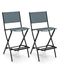 Gymax Folding Bar Stools Set of 2 Patio Sling Chairs with Backrest Humanized Footrest