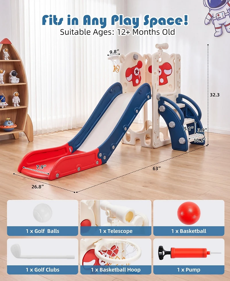 Sugift 7-in-1 Toddler Slide with Basketball Hoop, Golf, Telescope and Hiding Area Play Set, Ages 1-3