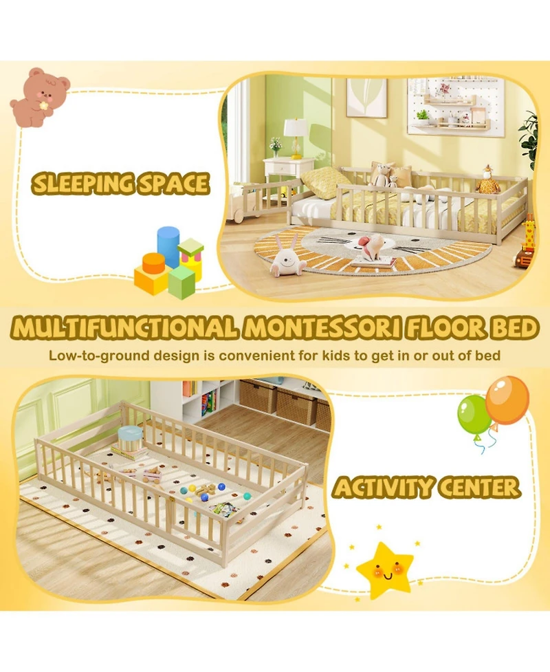 Sugift Twin Size Kids Montessori Floor Bed with Door and Fence