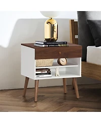 Costway Nightstand End Side Table Drawer Storage Shelf Mid-Century Rubber Wood Leg
