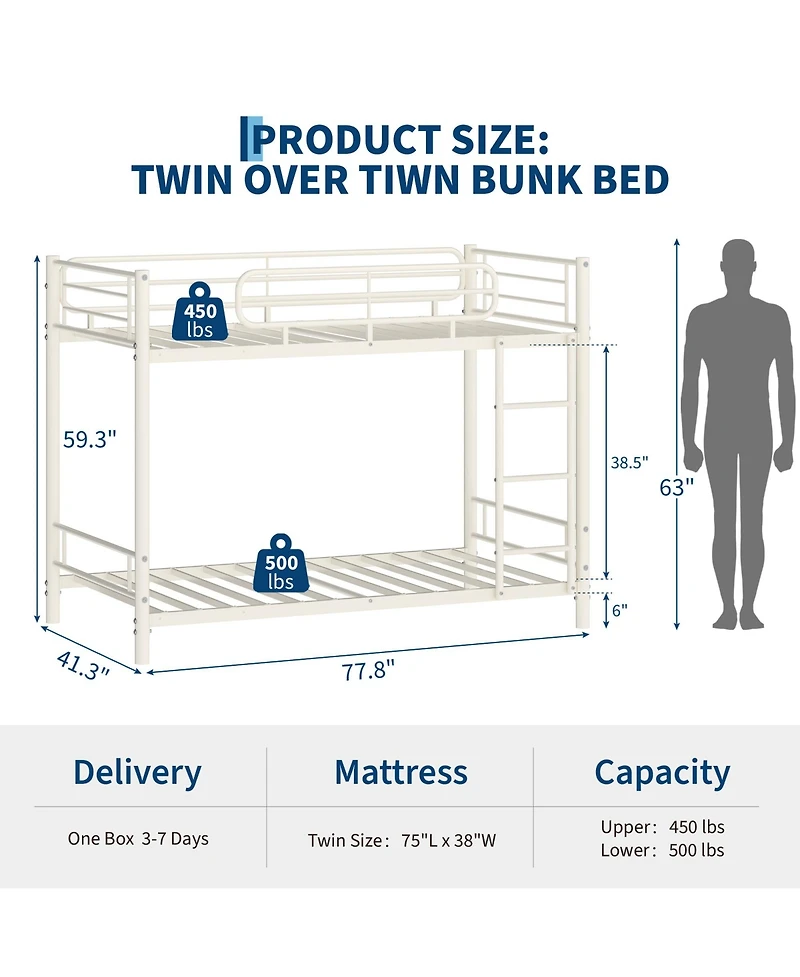 homfan Heavy Duty Twin Over Iron Bunk Bed, High 11.7" Guardrails, Reversible Ladder, Slot Assembly, 450 lbs Upper and 500 Lower