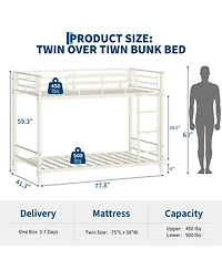 homfan Heavy Duty Twin Over Iron Bunk Bed, High 11.7" Guardrails, Reversible Ladder, Slot Assembly, 450 lbs Upper and 500 Lower