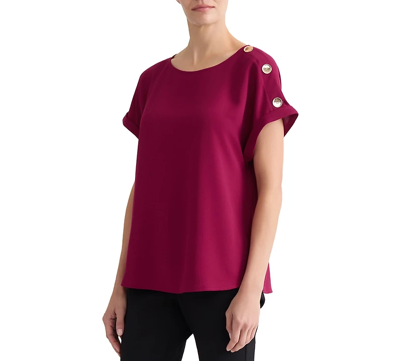 Jones New York Petite Shoulder-Button-Detail Short-Sleeve Boat-Neck Blouse