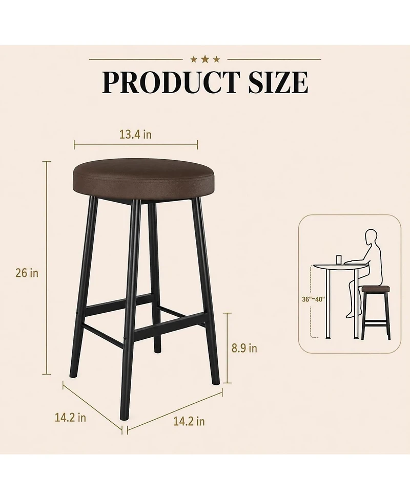 homfan 2-Piece Round Bar Stools – 26" Upholstered Barstools with Footrests, Soft Wider Seat for Kitchen Island and Bar