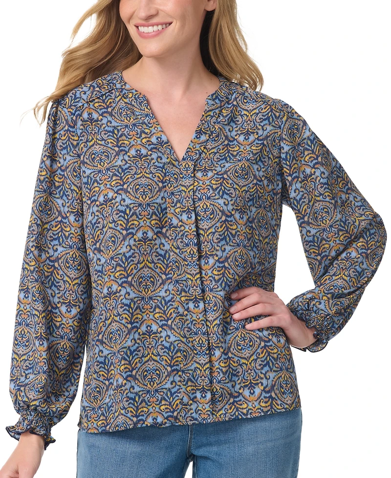 Gloria Vanderbilt Women's V-Neck Long-Sleeve Bishop-Style Blouse
