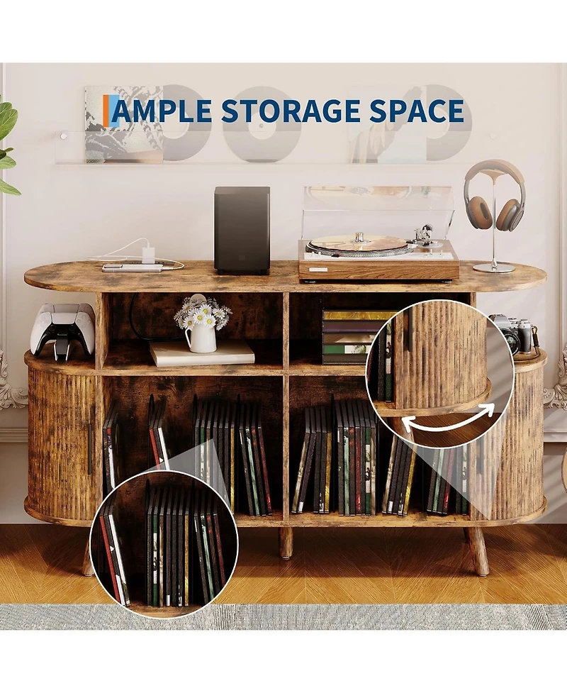 homfan Round Mid-Century Tv Stand and Media Console with Vinyl Storage and Charging Station, Open Shelves