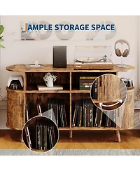 homfan Round Mid-Century Tv Stand and Media Console with Vinyl Storage and Charging Station, Open Shelves