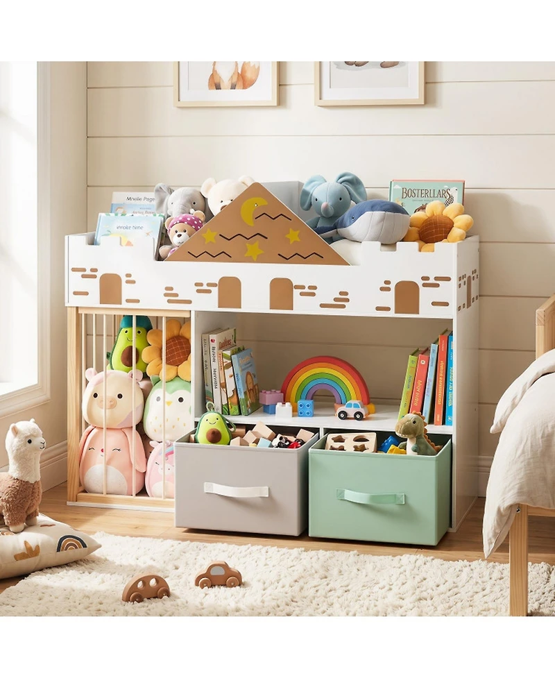 Sugift Kids 4-in-1 Castle Toy Organizer with Plush Storage and Open Shelves