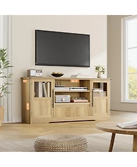 homfan 72" Farmhouse Tv Stand with Wave Pattern and Glass Door Cabinets, Media Console, Light Wood Finish