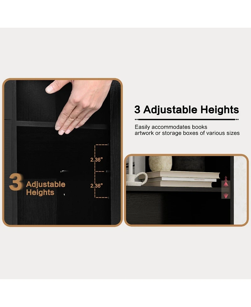 homfan 71" Tall Black Bookcase with Doors and 3 Drawers, 3-Tier Open Shelves