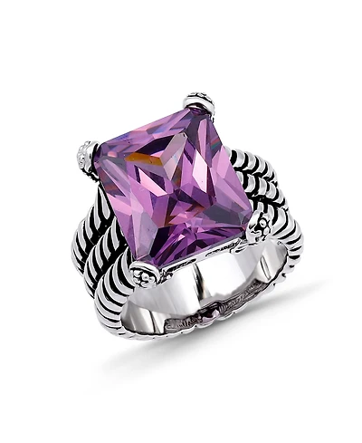 Macy's 18.0 Cttw 12x15mm Pink Emerald Cut Cubic Zirconia Center Stone On Triple 3mm Lt Oxidized Twist Rope Band Statement Ring