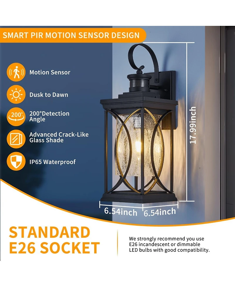 Asagikoiai 18" Dusk to Dawn Outdoor Wall Lantern, 3-Mode Motion Sensor Exterior Fixture