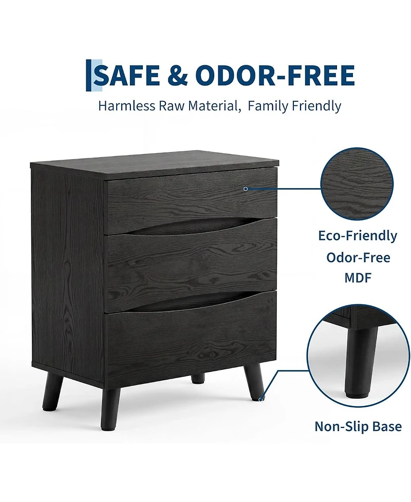 Gaomon Set of 2 Black Nightstands with 3 Drawers and Wood Top, 24" Wide Bedside Tables