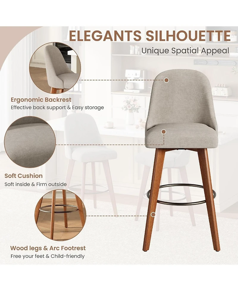 Gaomon Set of 4 360degree(s) Swivel Counter Stools, Sand Linen Upholstered Bar Chairs with Wood Legs, 26" Seat