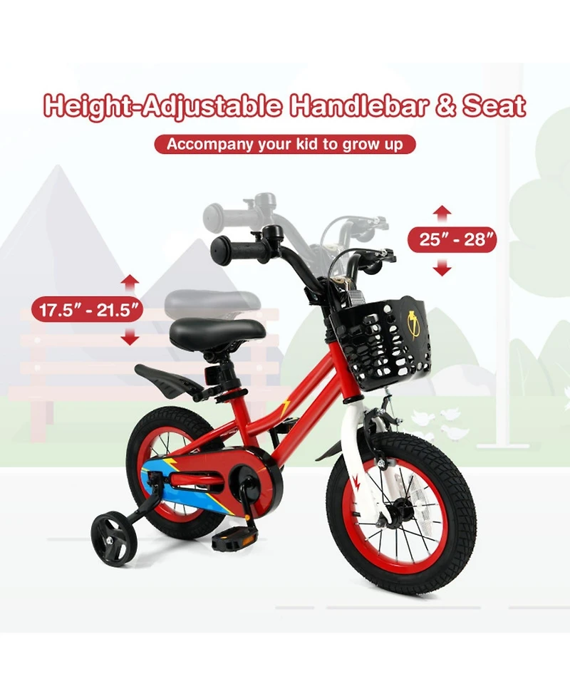 Hongge 12-Inch Kids Bike with Training Wheels, Adjustable Seat and Handlebar, Dual Brake System, 100 lbs Capacity, Ages 3–4