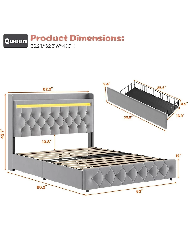 gaomon Queen Size Velvet Led Platform Bed with Storage Headboard