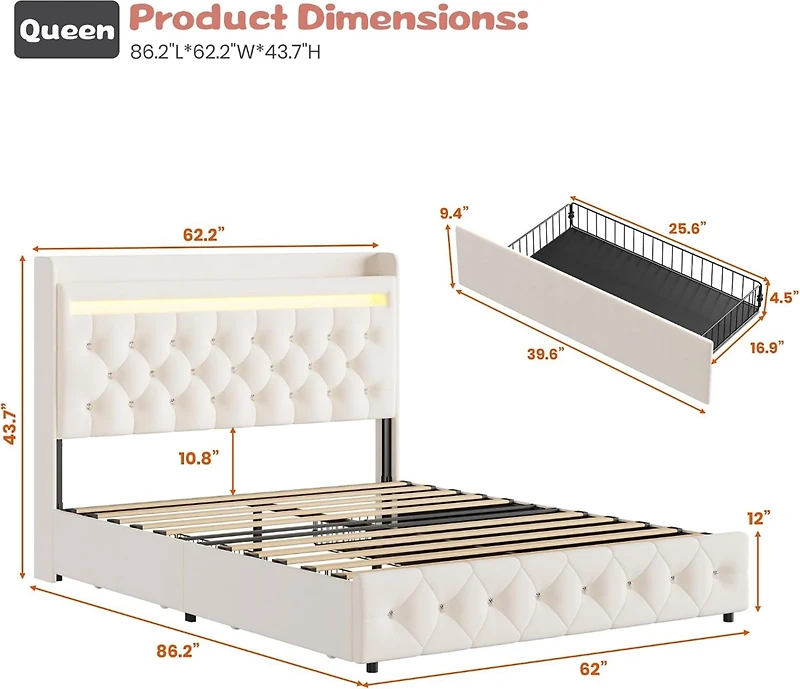 Gaomon Queen Size White Velvet Led Platform Bed with Storage Headboard, Charging and 2 Drawers