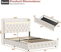 Gaomon Queen Size White Velvet Led Platform Bed with Storage Headboard, Charging and 2 Drawers