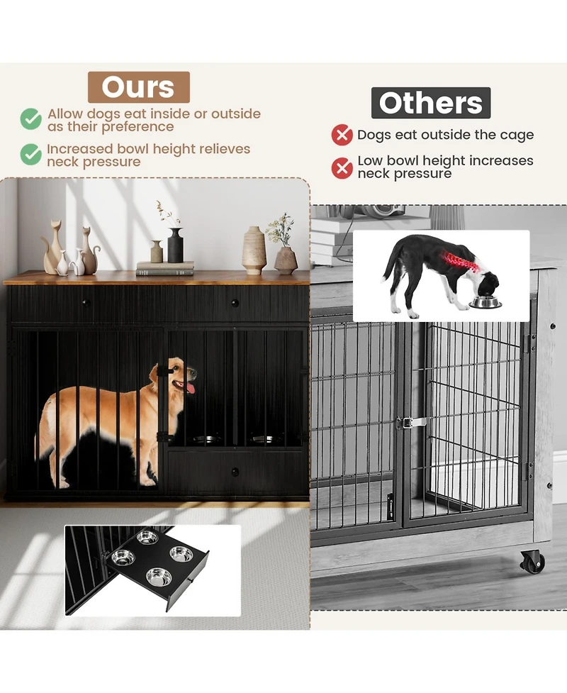 Ruie Modern Dog Kennel Furniture 71 in 2 Room Pet Cabinet with Pull Out Feeder