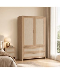 homfan 71" Tall Boho Rattan Wardrobe with Hanging Rod and Drawers,Light Oak Finish