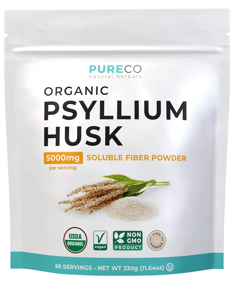 Pure Co Usda Organic Psyllium Husk Powder Dietary Fiber Supplement, Finely Milled, Non-gmo, Gluten-Free, 11.64 Ounces