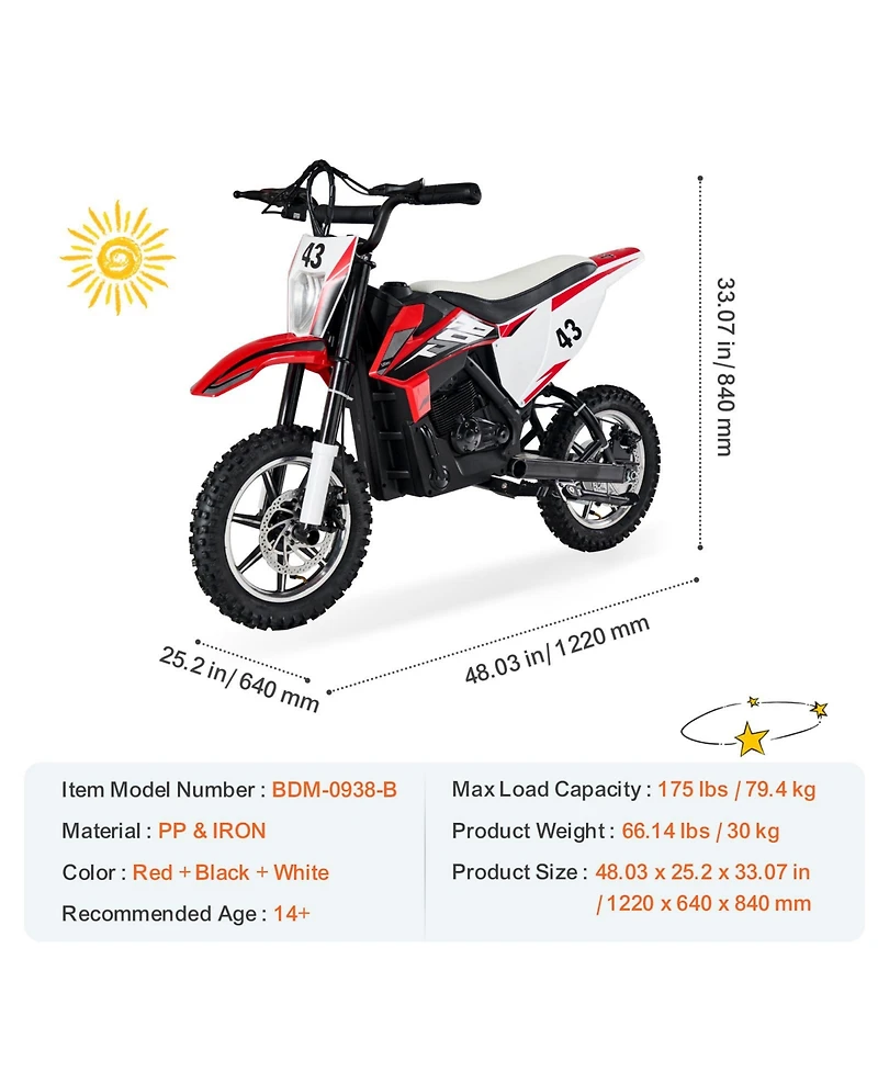 Hongge Kids Electric Ride On Motorcycle 36V Reaching 15.5 mph with Treaded Tires and Dual Brakes Ages 14+