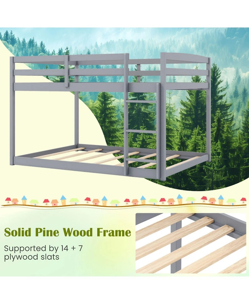 Sugift Full over Full Low-to-Ground Bunk Bed with Guardrails and Ladder