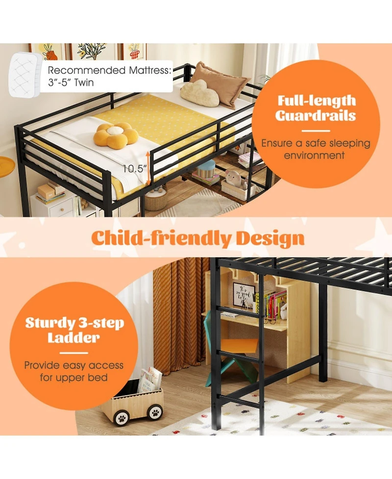 Sugift Low Loft Bed with Ladder and Storage Shelves Metal Frame