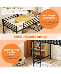 Sugift Low Loft Bed with Ladder and Storage Shelves Metal Frame